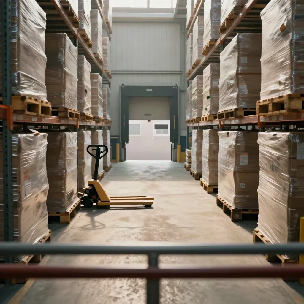 Magazijnvloer met pallets, palletwagen en laadkade in warm licht van bovenaf.