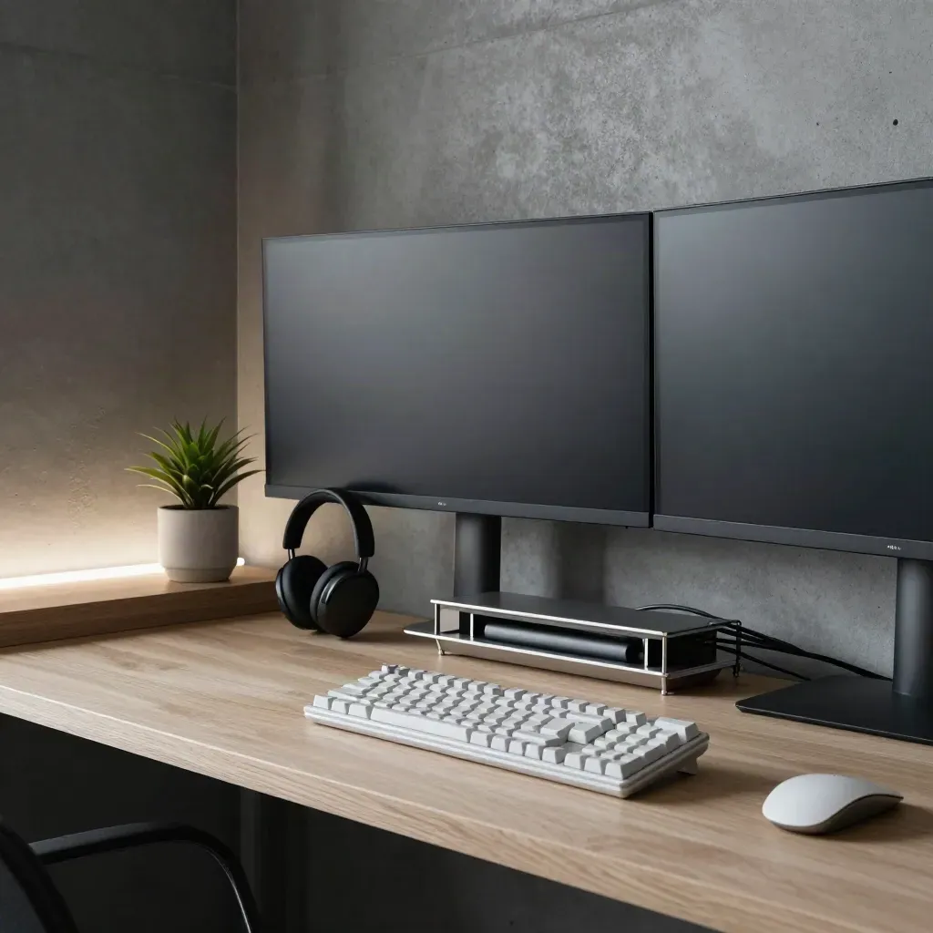 Donkere ontwikkelaarshoek met twee uitstaande monitoren, toetsenbord, headset en plant in zacht licht.