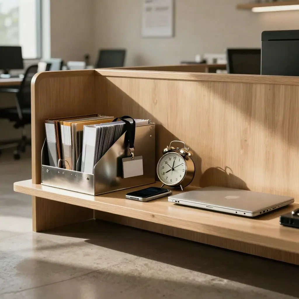Mobiele plannerpost met organizer, badgehouder, klok, telefoon en gesloten laptop