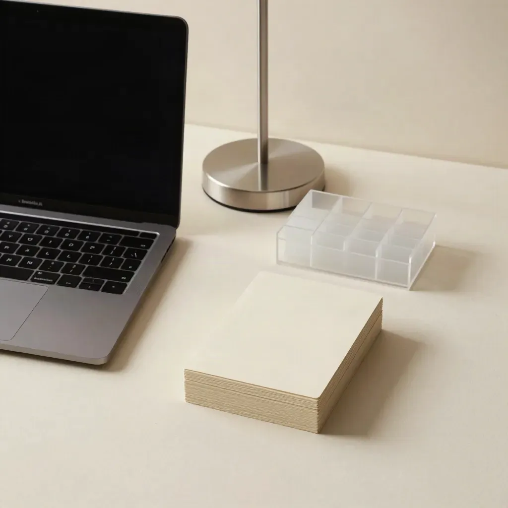 Top-down stilleven met laptop, kaarten, lampvoet en transparante organizer op lichte pleistergrond.