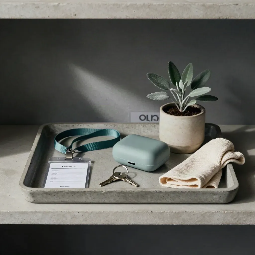 Onboarding-kit op een stenen tray met badgehouder, lanyard, headsetcase, sleutelhanger en klein plantpotje.