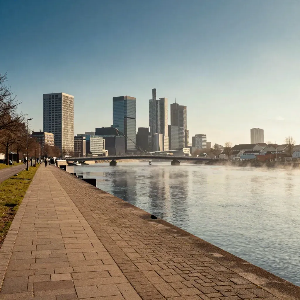 Rotterdamse skyline en bruggen in gouden mist boven de Maas bij een rustige kade